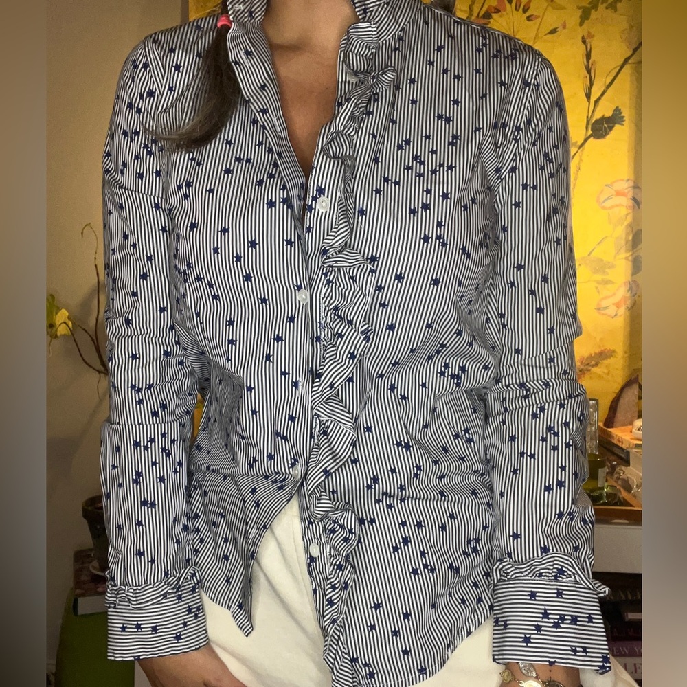 Equipment navy white stripe star print ruffle trim button up blouse shirt top S